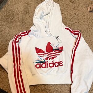 Adidas White Hoodie with Red Stripes, cropped.